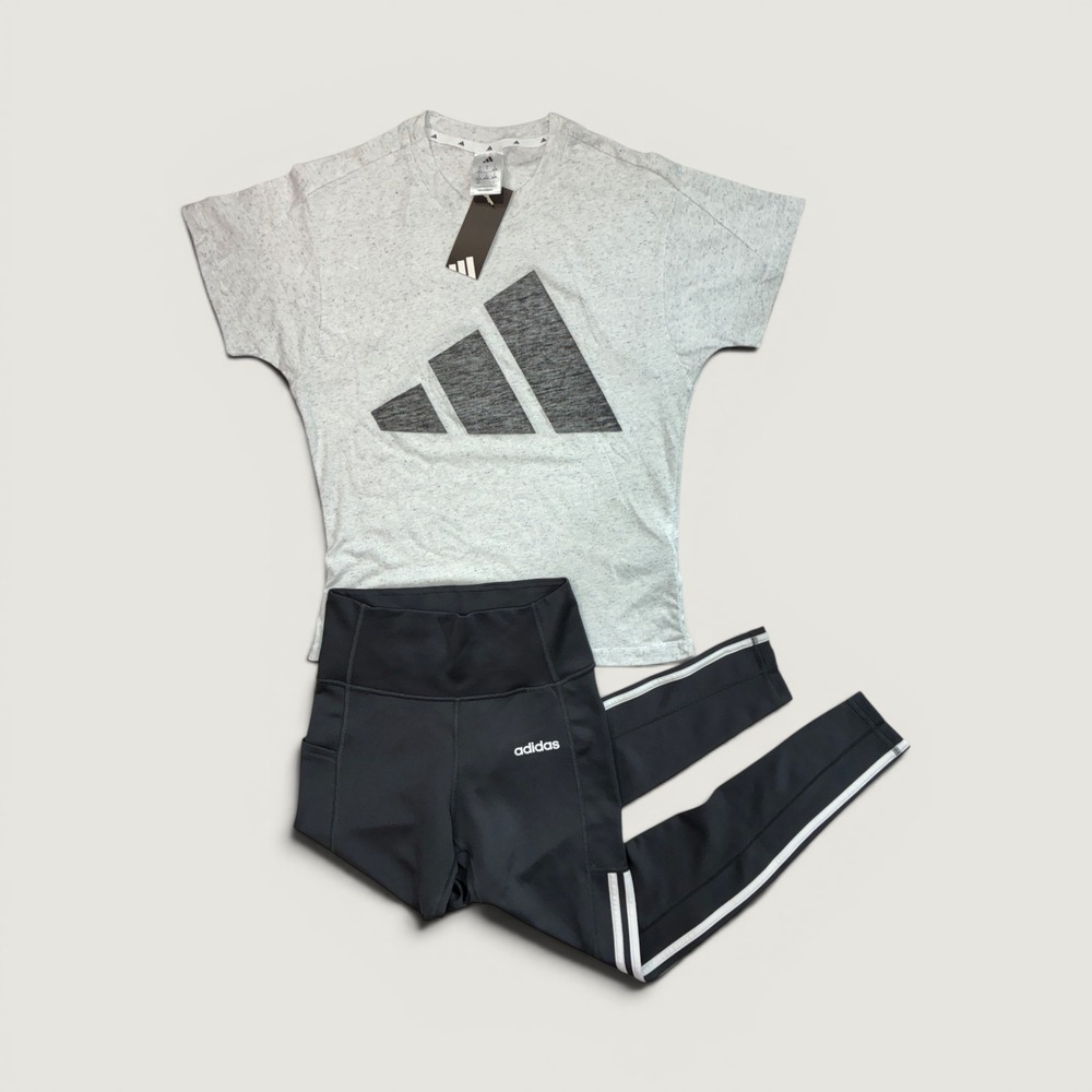 Adidas Bundle Activewear Set Women Small Gray Logo Tee 3-Stripe Leggings NWT